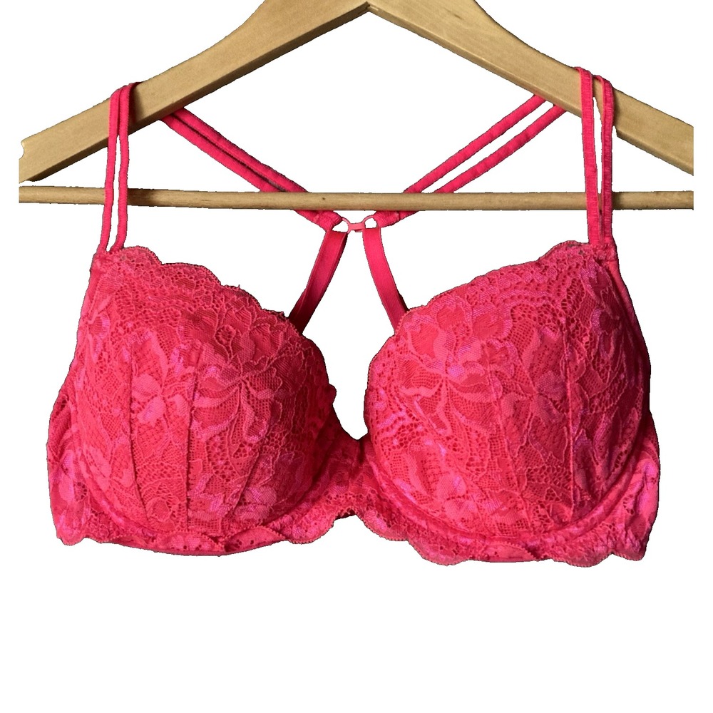 Victoria Secret Hot Pink Lace Demi Multiway Push Up Bra 34D Retro Womens 34 D